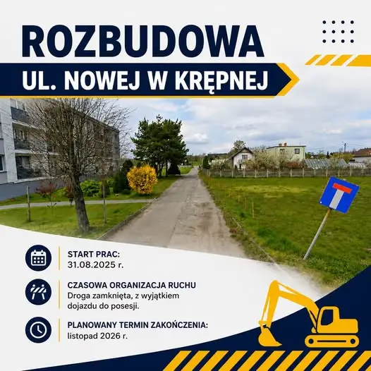 Rusza rozbudowa ul. Nowej w Krępnej – droga zamknięta do listopada