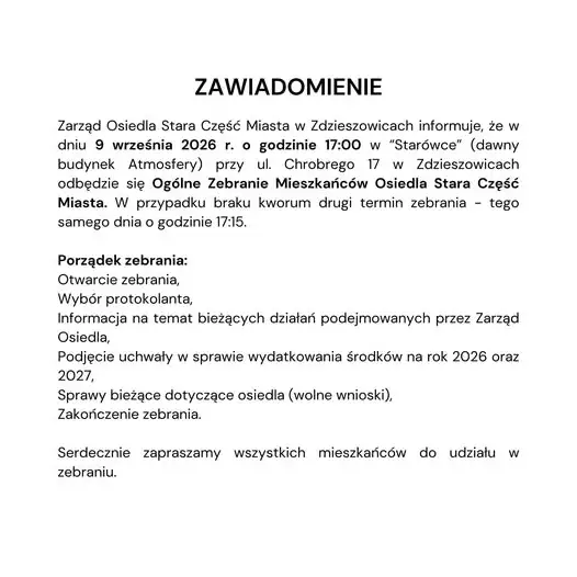 Zebranie mieszkańców osiedla Stara Część Miasta w Zdzieszowicach – 9 września