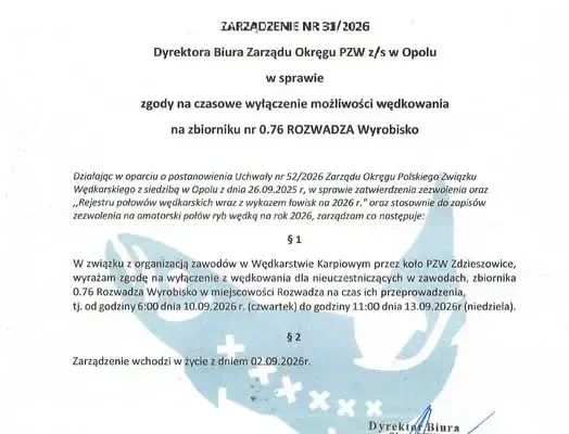 Czasowy zakaz wędkowania na łowisku Rozwadza Wyrobisko w związku z zawodami karpiowymi