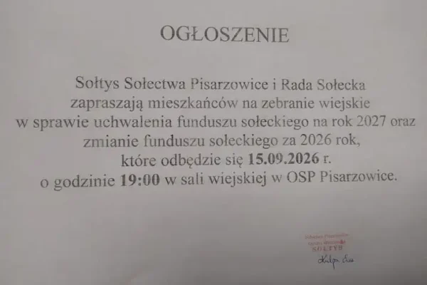 Zebranie wiejskie w sprawie funduszu sołeckiego – 15 września