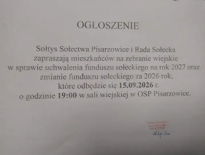 Zebranie wiejskie w sprawie funduszu sołeckiego – 15 września