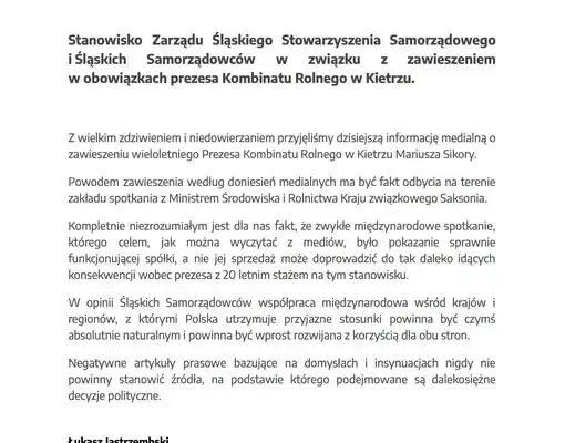 Śląscy Samorządowcy bronią prezesa Kombinatu Rolnego w Kietrzu. Stanowisko w sprawie zawieszenia Mariusza Sikory
