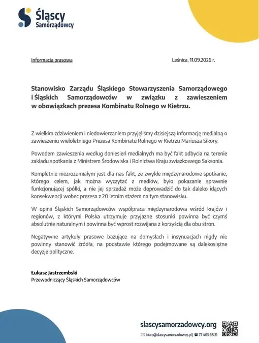 Śląscy Samorządowcy bronią prezesa Kombinatu Rolnego w Kietrzu. Stanowisko w sprawie zawieszenia Mariusza Sikory
