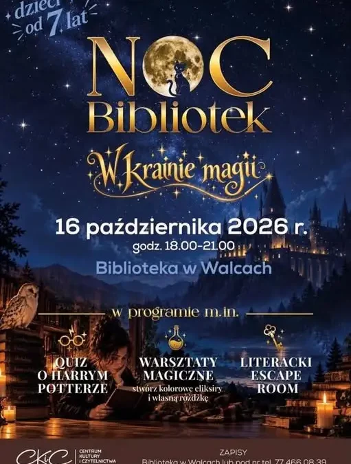 Noc Bibliotek 2026 w Walcach – magiczna noc pełna zagadek już 16 października